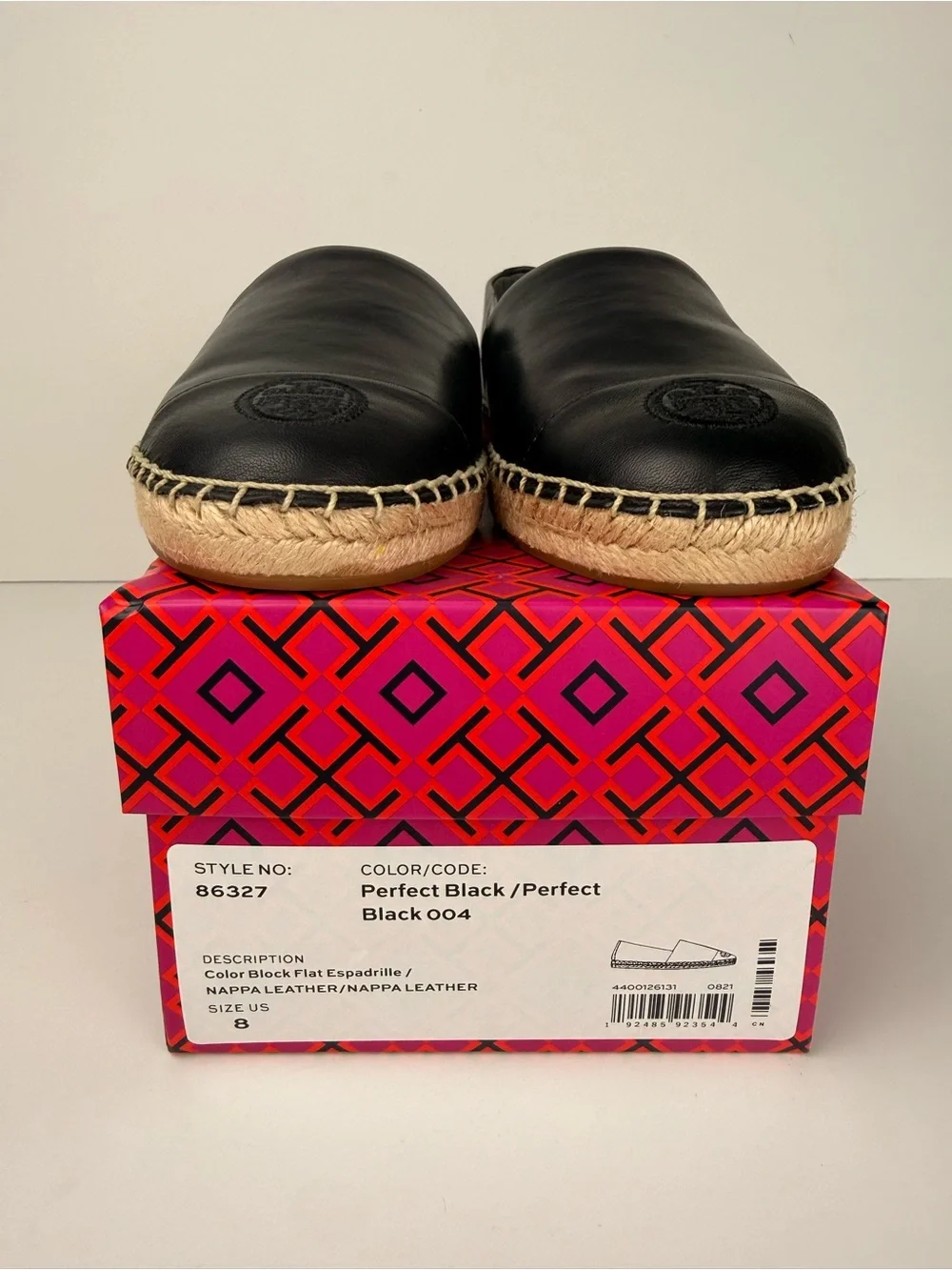 Tory Burch Color Block Flat Espadrille Black Nappa Leather Slip On Shoes Size 8